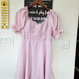 MEDIUM *NWT White and Pink Polkadot Dress Sweetheart Neckline Ruffles